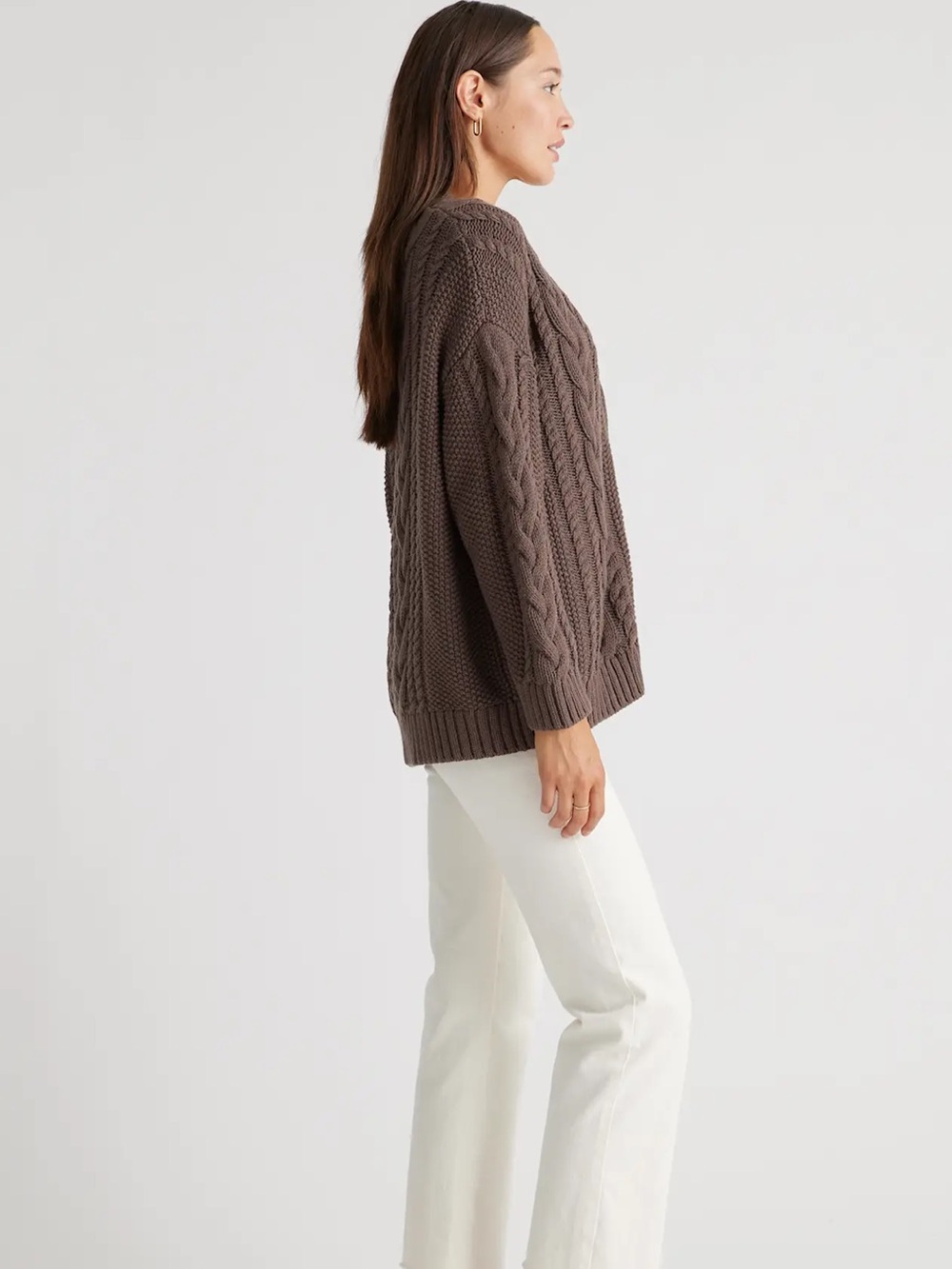 Quince 100% Organic Cotton Oversized Cable Knit Cardigan Heather Brown Large - Picture 11 of 16